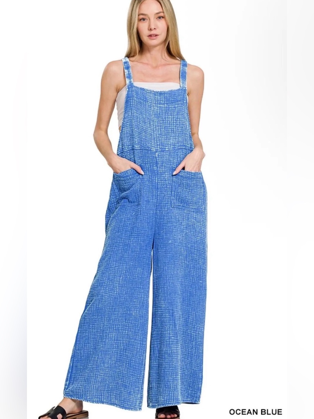 Zenana Double Gauze Wide
Leg Overalls Ocean Blue Wide-Leg Textured Overalls